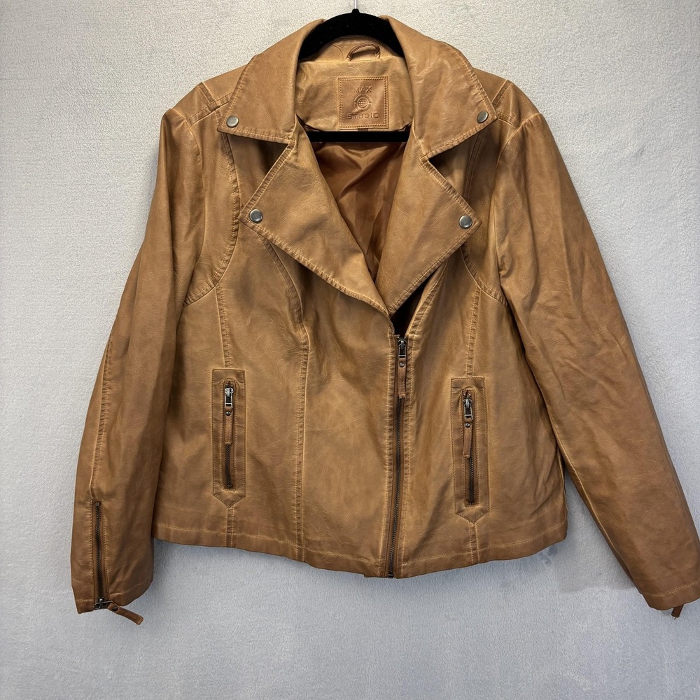 Max Studio Faux Leather Biker Jacket Womens 1X Brown Rodeo Festival Western XL - Picture 9 of 10